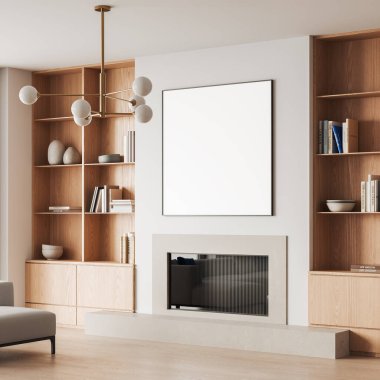 Modern iç mekan. Şöminenin üstünde boş çerçeveli bir resim var. Dekor ve kitaplarla dolu ahşap raflar, minimal tasarım. 3B Hazırlama