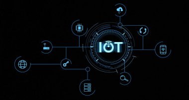 Nesnelerin ve dijital simgelerin interneti hologram, ağ ve bağlantı hud 'u. IOT kavramı, akıllı teknoloji ve yapay zeka. 3B resimleme