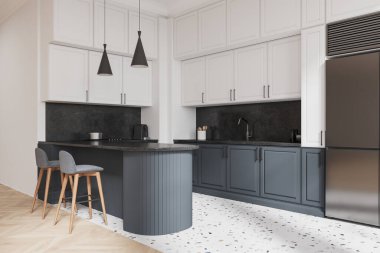 Geleneksel ev mutfağı iç mekan adasının köşesi ve sandalyeler, kalıp tasarımlı beyaz ve gri dolap. Klasik yemek pişirme alanı tasarımlı lüks bir daire. 3B görüntüleme