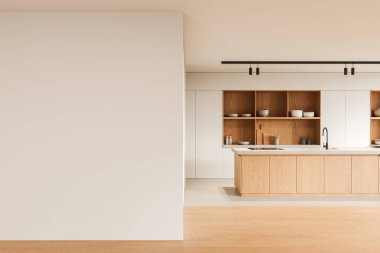 Mutfak tezgahı ve lavabo, mutfak gereçleri ve bulaşıklarla dolu dolap rafları. Modern dairede şık bir aşçılık alanı. Boş duvar bölmesini düzenle. 3B görüntüleme