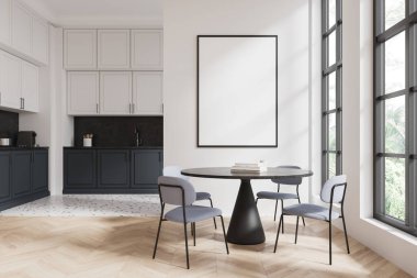 Yuvarlak masa ve sandalyelerin üstündeki duvarda boş çerçeveli bir poster ile modern mutfak içi. Büyük pencereli, parlak ve havadar bir oda. İç tasarım kavramı. 3B Hazırlama