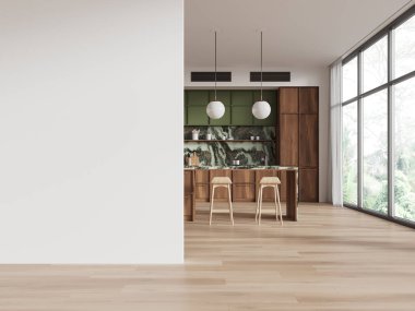 Bar tezgahı ve taburesi olan şık bir ev mutfağı, mutfak gereçleri olan bir mutfak dolabı. Yeşil mermer tasarım ve panoramik pencere. Boş duvar bölmesini düzenle. 3B görüntüleme