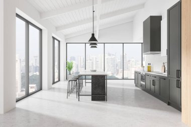 Karanlık dolapların yer aldığı modern mutfak iç mimarisi, oturaklı merkezi bir ada ve şehir manzarası sunan büyük pencereler. Parlak ve geniş bir tasarım. 3B Hazırlama