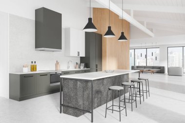 Ev stüdyosunun iç mekan manzarası taburesi ve yemek dolabı olan bar adası. Kanepeli soğuk bölge, gökdelenli panoramik pencereli kahve masası. 3B görüntüleme