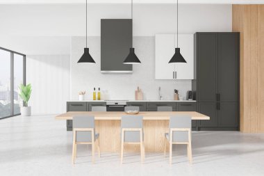 Gri ve beyaz mutfak iç mekan yemek masası ve sandalyeler, dolap ve mutfak malzemeleri. Gökdelenlerde panoramik penceresi olan klasik yemek pişirme alanı tasarımı. 3B görüntüleme