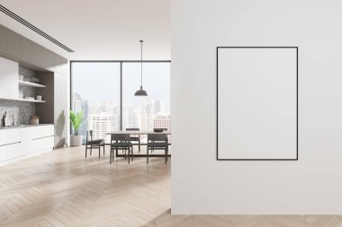 Minimalist yemek odası, beyaz bir duvarda boş çerçeveli poster, modern mutfak ve şehir manzaralı arka plan. İç tasarım modeli kavramı. 3B Hazırlama