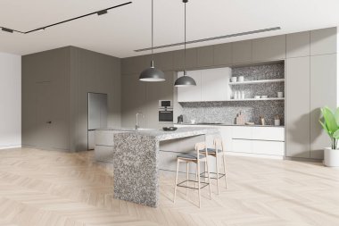 İçinde granit bir ada, bar tabureleri ve minimalist dolaplar bulunan modern bir mutfak. Hafif ahşap ringa kemiği tabanı, gösterişli dekorasyon, ev tasarımı konsepti. 3B Hazırlama