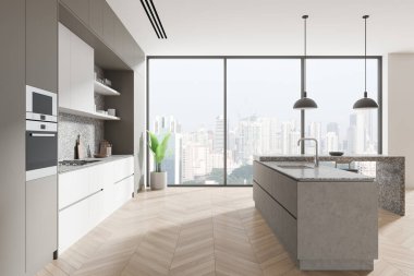 Şık bir ev mutfağı, bar içi, lavabo, ahşap zemin. Mutfak gereçleri, ocak ve fırınlı yemek dolabı. Singapur gökdelenlerinin panoramik penceresi. 3B görüntüleme