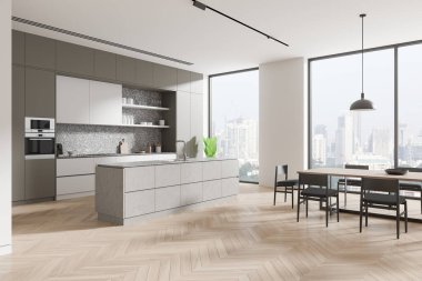 Ev mutfağının iç mekan manzarası, ahşap zeminde sandalyeli yemek masası. Mutfak gereçleriyle mutfak dolabı. Singapur gökdelenlerinin panoramik penceresi. 3B görüntüleme