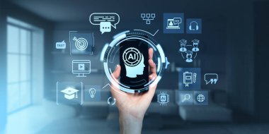 Elinizi telefon ekranına yakın tutun. Yapay zeka hologramı ve sohbet robotları, yapay zeka ve makine teknolojisi. Çevrimiçi webinarlar, dijital öğrenme ve eğitim hizmetleri kavramı