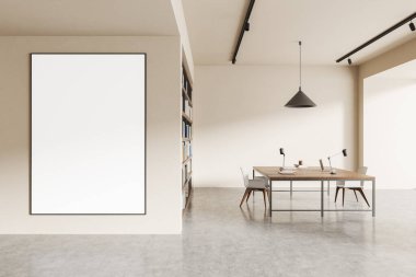 Koltuklarla hafif bir iç mekan, beton zeminde dizüstü bilgisayarlı bir masa. Teknolojili işyeri ve dekorasyonlu raf. Bölümdeki tuval posterini taklit et. 3B görüntüleme