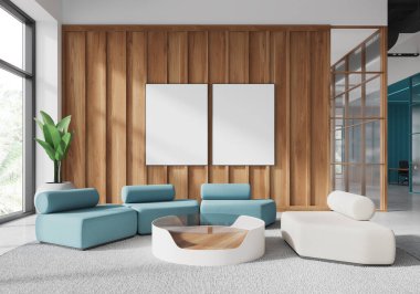 Ahşap duvarında boş posterler olan modern salon alanı. Mobilyaların şık ve geniş bir penceresi var. Poster modelleri ya da iç tasarım şablonları için ideal. 3B Hazırlama