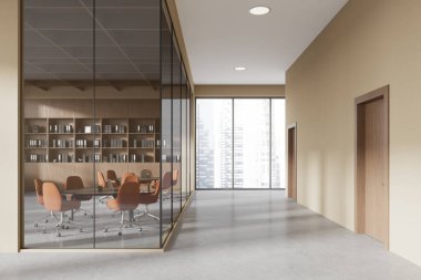 İçinde sandalyeler ve kitaplıklar olan cam duvarlı bir toplantı odası olan modern boş ofis. Şehir manzarası olan parlak, ferah bir oda. İş yeri kavramı. 3B Hazırlama