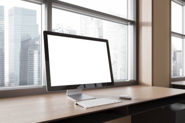 Çalışma alanının iç görünümü, bilgisayarın boş ekranı, panoramik pencereli ofis işyeri, gökdelenler. Pazarlama, reklam ya da ofis yazılımı. 3B görüntüleme