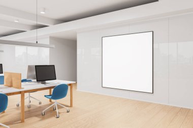 İş yerinin iç manzarası koltuklar, bölümlü masalar ve ahşap zeminde dizili bilgisayar. Duvara kare tuval posteri yap. 3B görüntüleme
