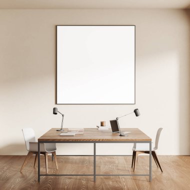 Ahşap bir masası, iki sandalyesi ve açık renkli bir duvarda boş çerçeveli posteri olan minimalist bir iç mekan. Modern çalışma alanı düzeni kavramı. 3B Hazırlama