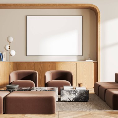 Klasik bir ev oturma odası koltuğu, kahverengi kanepe, ahşap döşemeli halı. Ahşap çekmeceli dinlenme odası. Tuvalin posterini hazırla. 3B görüntüleme