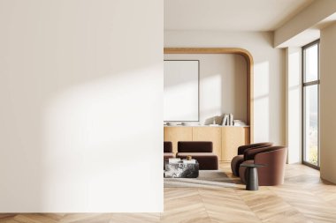 Kahverengi koltuklu, kanepeli, halıda mermer sehpası olan bej ev içi oturma odası. Ahşap çekmeceli dinlenme odası. Tuvalin posterini ve duvar bölmesini düzenle. 3B görüntüleme