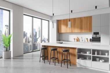Ev mutfağının iç mekan manzarası ve sandalyeler, dolap, mutfak gereçleri ve fırın. New York gökdelenlerinde panoramik pencereli minimalist yemek alanı tasarımı. 3B görüntüleme