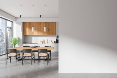 New York gökdelenlerinde mutfak masası, sandalye, dolap ve panoramik pencere. Minimalist yemek pişirme alanı dizaynı. Boş duvar bölmesini düzenle. 3B görüntüleme
