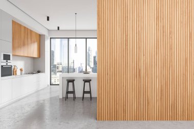 Ev mutfağı, barın içi, koltuklar, dolap ve mutfak malzemeleri. Gökdelenlerde panoramik penceresi olan minimalist yemek alanı tasarımı. Boş ahşap duvar bölmesi. 3B görüntüleme