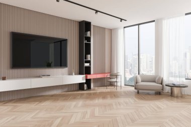 Geniş bir televizyonu, minimalist mobilyaları ve geniş pencereli bir şehir manzarası olan modern dekorlu oturma odası. Çağdaş iç tasarım kavramı. 3B Hazırlama