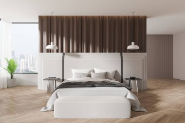 Beyaz çarşafları, komodinleri ve yeşil bitkileri olan büyük bir yatak odası. Şehir planına sahip modern bir dekor. Modern yaşam kavramı. 3B Hazırlama