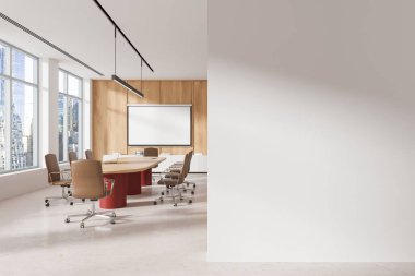 İç mekan, koltuk, tahta ve beton zemin toplantıları. Boş projeksiyon ekranı ve büfe. New York gökdelenlerinin panoramik penceresi. Boş duvar bölmesini düzenle. 3B görüntüleme