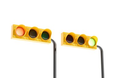 Sarı çerçeveli iki trafik ışığı, biri kırmızı ışık, diğeri yeşil ışık, beyaz arka planda. Trafik kontrolü kavramı. 3B Hazırlama