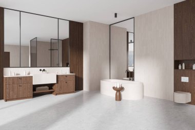 Otel banyosu manzaralı küvet, ahşap şifoniyerli lavabo, duvara asılı tuvalet ve aksesuarlar. Gökdelenlerin panoramik penceresi. 3B görüntüleme