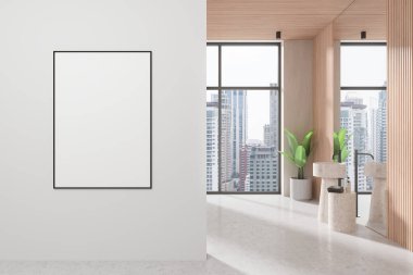 Taş lavabo ve aynalı şık bir otel banyosu, karıştırıcı monte edilmiş ve beton zemine yerleştirilmiş. Bangkok gökdelenlerinin panoramik penceresi. Model uzay tuvali posteri. 3B görüntüleme