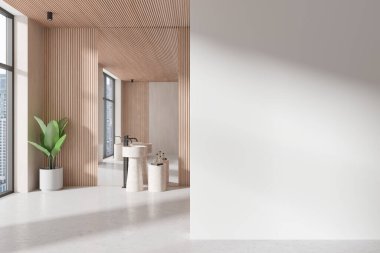 Modern banyo içinde tasarım ve sanat eserleri için boş bir duvar var. Odada ahşap aksanlı minimalist bir tarz ve saksı bitkisi bulunuyor. 3B Hazırlama