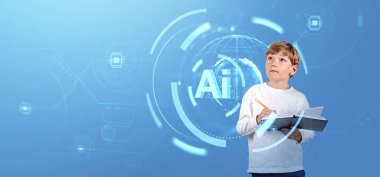 Çocuk mavi arka planda yapay zeka hologramları ile çevriliyken deftere bir şeyler yazıyor. Eğitim ve teknoloji kavramı