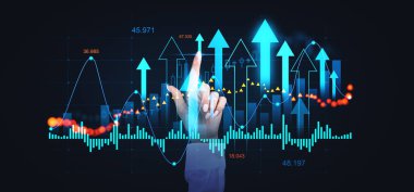 İş kadını parmakları büyüyen oklarla sanal ekrana dokunuyor, sayılarla yükselen çizgiler, dijital pazarlama. İş analizi, araştırma ve KPI kavramı