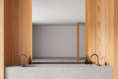 Şık ahşap ev banyosu çift taş lavabo ve aksesuarlar, ayna. Lüks modern apartmanda minimalist ahşap banyo alanı. 3B görüntüleme