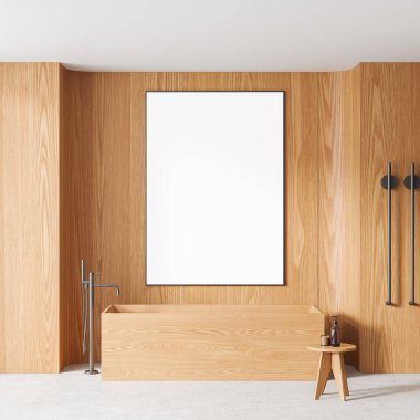 Ahşap küvet ve mikser monteli, aksesuarlı yan masa ve havlu tırabzanı olan şık bir ev banyosu. Model uzay tuvali posteri. 3B görüntüleme