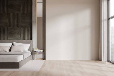 Yatak odası, yatak odası, komodin, ahşap döşeme. Gökdelenlerde panoramik pencereli bir uyku odası. Boş duvarı taklit et. 3B görüntüleme