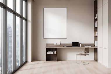 Çalışma masası, dizüstü bilgisayarı ve dekorasyonlu rafı olan şık bir ev odası. Singapur 'da panoramik pencereli minimalist işyeri. Model uzay tuvali posteri. 3B görüntüleme