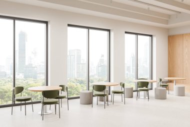 Kafeteryanın iç tarafının köşesinde sandalye, masa ve beton zemin var. Minimalist mobilyalı minimalist kafe yemek alanı. Bangkok gökdelenlerinin panoramik penceresi. 3B görüntüleme