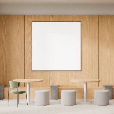 Ahşap duvar panelleri, yuvarlak masalar ve sandalyeler ile modern bir kafe ortamında boş bir poster modeli. Poster duvarın ortasında. 3B Hazırlama