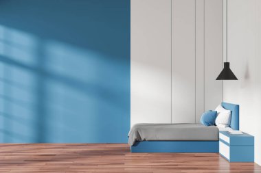 Mavi ve beyaz dekorlu modern çocuk odası, mavi başlıklı bir yatak odası, gri yatak örtüsü ve iki tonlu bir duvara dayalı mavi bir komodin. 3B Hazırlama