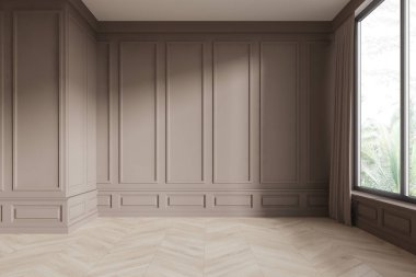 Klasik bej duvar kaplamalı zarif boş bir oda ve perdeli büyük bir pencere. Zeminde açık renkli herringbone odunu var. İç tasarım konsepti. 3B Hazırlama