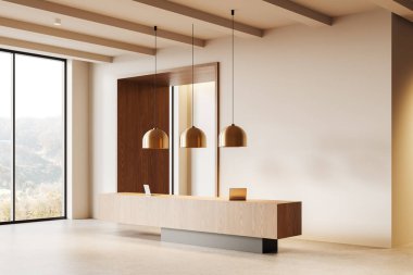 Minimalist ofis ortamında üç altın kolyeli modern resepsiyon masası. Manzaralı büyük pencereler. Kurumsal zarafet kavramı. 3B Hazırlama