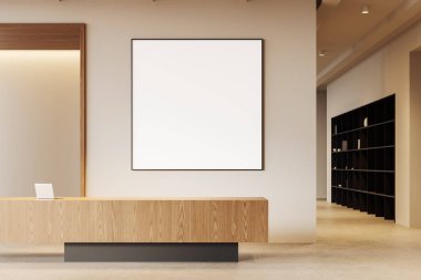 Saf bej resepsiyon lobisi, ahşap masa ve dizüstü bilgisayarı, koridoru ve rafı kitaplar ve dekorasyonla dolu. Kocaman kare bir tuval posteri yap. 3B görüntüleme