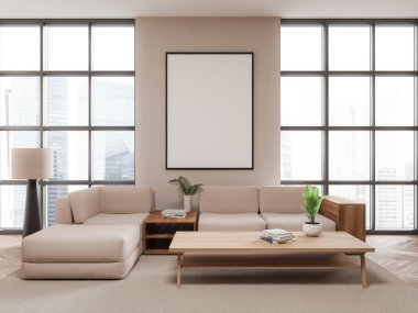 Modern oturma odasında duvarda boş çerçeveli bir poster, bej koltuklar, ahşap bir sehpa ve uzun bir lamba var. Parlak şehir manzarası arka planı, iç tasarım konsepti. 3B Hazırlama