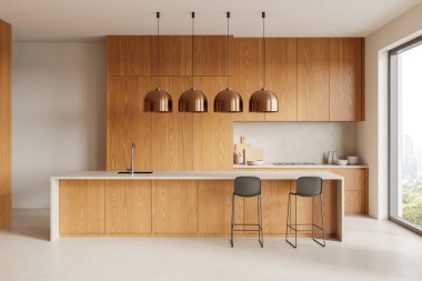 İçinde ahşap dolaplar, lavabosu olan merkezi bir ada ve kolye ışıkları olan modern bir mutfak. Tarafsız bir arkaplanda parlak, minimalist bir tasarım. 3B Hazırlama