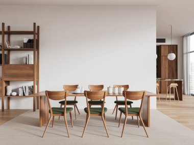 İçinde ahşap mobilyalar ve sandalyeli büyük bir masa olan modern yemek odası. Arka planda açık mutfak. Lüks ev dekorasyonu kavramı. 3B Hazırlama