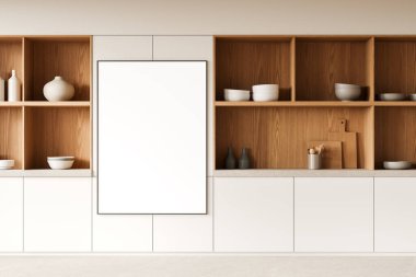 Ahşap ve beyaz mutfak dolabı tabaklar, mutfak gereçleri raflarda. Modern dairede yemek pişirme yeri. Tuvalin posterini hazırla. 3B görüntüleme