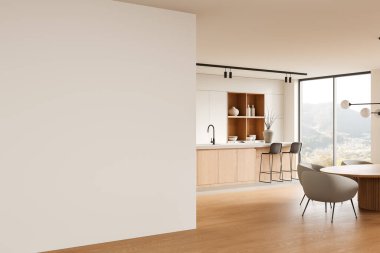 Ahşap dolaplar, sandalyeler ve dekorasyon malzemeleriyle modern mutfak. Tasarım modeli için soldaki boş duvar. Temiz ve minimalist ev dekorasyonu. 3B Hazırlama