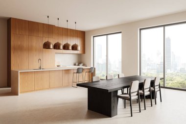 Modern mutfak içi ahşap dolaplar, kolye ışıkları ve sandalyeli büyük bir yemek masası. Büyük pencereli parlak bir oda, şehir manzarası sergiliyor. 3B Hazırlama